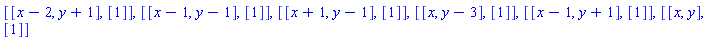 [[x-2, y+1], [1]], [[x-1, y-1], [1]], [[x+1, y-1], [1]], [[x, y-3], [1]], [[x-1, y+1], [1]], [[x, y], [1]]