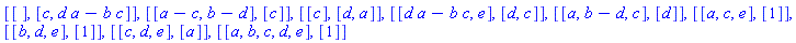 [[], [c, d*a-b*c]], [[a-c, b-d], [c]], [[c], [d, a]], [[d*a-b*c, e], [d, c]], [[a, b-d, c], [d]], [[a, c, e], [1]], [[b, d, e], [1]], [[c, d, e], [a]], [[a, b, c, d, e], [1]]