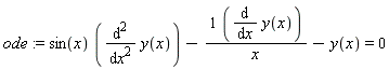 ode := sin(x)*(diff(y(x), x, x))-(diff(y(x), x))/x-y(x) = 0