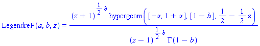 LegendreP(a, b, z) = (z+1)^((1/2)*b)*hypergeom([-a, 1+a], [1-b], 1/2-(1/2)*z)/((z-1)^((1/2)*b)*GAMMA(1-b))