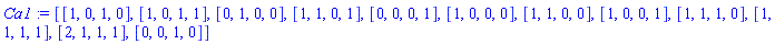 [[1, 0, 1, 0], [1, 0, 1, 1], [0, 1, 0, 0], [1, 1, 0, 1], [0, 0, 0, 1], [1, 0, 0, 0], [1, 1, 0, 0], [1, 0, 0, 1], [1, 1, 1, 0], [1, 1, 1, 1], [2, 1, 1, 1], [0, 0, 1, 0]]