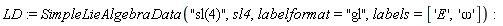 LD := SimpleLieAlgebraData("sl(4)", sl4, labelformat = "gl", labels = ['E', 'omega'])