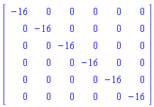 Matrix(6, 6, {(1, 1) = -16, (1, 2) = 0, (1, 3) = 0, (1, 4) = 0, (1, 5) = 0, (1, 6) = 0, (2, 1) = 0, (2, 2) = -16, (2, 3) = 0, (2, 4) = 0, (2, 5) = 0, (2, 6) = 0, (3, 1) = 0, (3, 2) = 0, (3, 3) = -16, (3, 4) = 0, (3, 5) = 0, (3, 6) = 0, (4, 1) = 0, (4, 2) = 0, (4, 3) = 0, (4, 4) = -16, (4, 5) = 0, (4, 6) = 0, (5, 1) = 0, (5, 2) = 0, (5, 3) = 0, (5, 4) = 0, (5, 5) = -16, (5, 6) = 0, (6, 1) = 0, (6, 2) = 0, (6, 3) = 0, (6, 4) = 0, (6, 5) = 0, (6, 6) = -16})