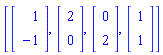 [Vector(2, {(1) = 1, (2) = -1}), Vector(2, {(1) = 2, (2) = 0}), Vector(2, {(1) = 0, (2) = 2}), Vector(2, {(1) = 1, (2) = 1})]