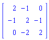 Matrix(3, 3, {(1, 1) = 2, (1, 2) = -1, (1, 3) = 0, (2, 1) = -1, (2, 2) = 2, (2, 3) = -1, (3, 1) = 0, (3, 2) = -2, (3, 3) = 2})