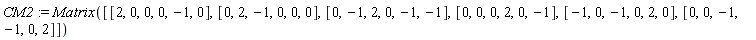 CM2 := Matrix([[2, 0, 0, 0, -1, 0], [0, 2, -1, 0, 0, 0], [0, -1, 2, 0, -1, -1], [0, 0, 0, 2, 0, -1], [-1, 0, -1, 0, 2, 0], [0, 0, -1, -1, 0, 2]])
