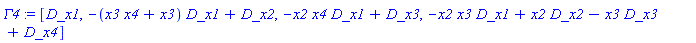 [_DG([["vector", G4, []], [[[1], 1]]]), _DG([["vector", G4, []], [[[1], -x3*x4-x3], [[2], 1]]]), _DG([["vector", G4, []], [[[1], -x2*x4], [[3], 1]]]), _DG([["vector", G4, []], [[[1], -x2*x3], [[2], x2], [[3], -x3], [[4], 1]]])]