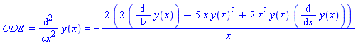 ODE := diff(y(x), `$`(x, 2)) = -2*(2*(diff(y(x), x))+5*x*y(x)^2+2*x^2*y(x)*(diff(y(x), x)))/x