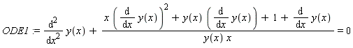 ODE1 := diff(y(x), x, x)+(x*(diff(y(x), x))^2+y(x)*(diff(y(x), x))+1+diff(y(x), x))/(y(x)*x) = 0