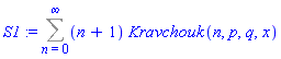 S1 := Sum((n+1)*Kravchouk(n, p, q, x), n = 0 .. infinity)