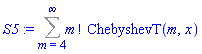 S5 := Sum(factorial(m)*ChebyshevT(m, x), m = 4 .. infinity)