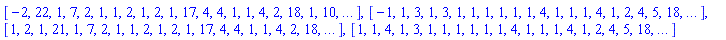 [-2, 22, 1, 7, 2, 1, 1, 2, 1, 2, 1, 17, 4, 4, 1, 1, 4, 2, 18, 1, 10, `...`], [-1, 1, 3, 1, 3, 1, 1, 1, 1, 1, 1, 4, 1, 1, 1, 4, 1, 2, 4, 5, 18, `...`], [1, 2, 1, 21, 1, 7, 2, 1, 1, 2, 1, 2, 1, 17, 4, 4, 1, 1, 4, 2, 18, `...`], [1, 1, 4, 1, 3, 1, 1, 1, 1, 1, 1, 4, 1, 1, 1, 4, 1, 2, 4, 5, 18, `...`]