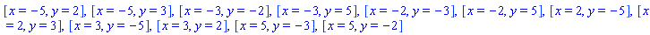 [x = -5, y = 2], [x = -5, y = 3], [x = -3, y = -2], [x = -3, y = 5], [x = -2, y = -3], [x = -2, y = 5], [x = 2, y = -5], [x = 2, y = 3], [x = 3, y = -5], [x = 3, y = 2], [x = 5, y = -3], [x = 5, y = -2]