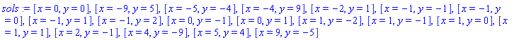 sols := [x = 0, y = 0], [x = -9, y = 5], [x = -5, y = -4], [x = -4, y = 9], [x = -2, y = 1], [x = -1, y = -1], [x = -1, y = 0], [x = -1, y = 1], [x = -1, y = 2], [x = 0, y = -1], [x = 0, y = 1], [x = 1, y = -2], [x = 1, y = -1], [x = 1, y = 0], [x = 1, y = 1], [x = 2, y = -1], [x = 4, y = -9], [x = 5, y = 4], [x = 9, y = -5]