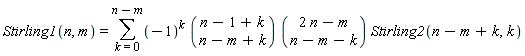 Stirling1(n, m) = sum((-1)^k*binomial(n-1+k, n-m+k)*binomial(2*n-m, n-m-k)*Stirling2(n-m+k, k), k = 0 .. n-m)