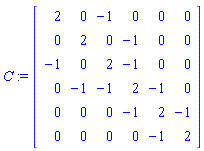 C := Matrix(6, 6, {(1, 1) = 2, (1, 2) = 0, (1, 3) = -1, (1, 4) = 0, (1, 5) = 0, (1, 6) = 0, (2, 1) = 0, (2, 2) = 2, (2, 3) = 0, (2, 4) = -1, (2, 5) = 0, (2, 6) = 0, (3, 1) = -1, (3, 2) = 0, (3, 3) = 2, (3, 4) = -1, (3, 5) = 0, (3, 6) = 0, (4, 1) = 0, (4, 2) = -1, (4, 3) = -1, (4, 4) = 2, (4, 5) = -1, (4, 6) = 0, (5, 1) = 0, (5, 2) = 0, (5, 3) = 0, (5, 4) = -1, (5, 5) = 2, (5, 6) = -1, (6, 1) = 0, (6, 2) = 0, (6, 3) = 0, (6, 4) = 0, (6, 5) = -1, (6, 6) = 2})