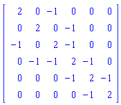 Matrix([[2, 0, -1, 0, 0, 0], [0, 2, 0, -1, 0, 0], [-1, 0, 2, -1, 0, 0], [0, -1, -1, 2, -1, 0], [0, 0, 0, -1, 2, -1], [0, 0, 0, 0, -1, 2]])