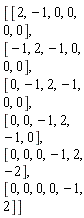 Matrix(6, 6, {(1, 1) = 2, (1, 2) = -1, (1, 3) = 0, (1, 4) = 0, (1, 5) = 0, (1, 6) = 0, (2, 1) = -1, (2, 2) = 2, (2, 3) = -1, (2, 4) = 0, (2, 5) = 0, (2, 6) = 0, (3, 1) = 0, (3, 2) = -1, (3, 3) = 2, (3, 4) = -1, (3, 5) = 0, (3, 6) = 0, (4, 1) = 0, (4, 2) = 0, (4, 3) = -1, (4, 4) = 2, (4, 5) = -1, (4, 6) = 0, (5, 1) = 0, (5, 2) = 0, (5, 3) = 0, (5, 4) = -1, (5, 5) = 2, (5, 6) = -2, (6, 1) = 0, (6, 2) = 0, (6, 3) = 0, (6, 4) = 0, (6, 5) = -1, (6, 6) = 2})
