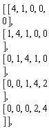 [[[4,1,0,0,0],[1,4,1,0,0],[0,1,4,1,0],[0,0,1,4,2],[0,0,0,2,4]]],