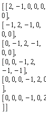 Matrix(6, 6, {(1, 1) = 2, (1, 2) = -1, (1, 3) = 0, (1, 4) = 0, (1, 5) = 0, (1, 6) = 0, (2, 1) = -1, (2, 2) = 2, (2, 3) = -1, (2, 4) = 0, (2, 5) = 0, (2, 6) = 0, (3, 1) = 0, (3, 2) = -1, (3, 3) = 2, (3, 4) = -1, (3, 5) = 0, (3, 6) = 0, (4, 1) = 0, (4, 2) = 0, (4, 3) = -1, (4, 4) = 2, (4, 5) = -1, (4, 6) = -1, (5, 1) = 0, (5, 2) = 0, (5, 3) = 0, (5, 4) = -1, (5, 5) = 2, (5, 6) = 0, (6, 1) = 0, (6, 2) = 0, (6, 3) = 0, (6, 4) = -1, (6, 5) = 0, (6, 6) = 2})