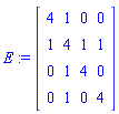 E := Matrix(4, 4, {(1, 1) = 4, (1, 2) = 1, (1, 3) = 0, (1, 4) = 0, (2, 1) = 1, (2, 2) = 4, (2, 3) = 1, (2, 4) = 1, (3, 1) = 0, (3, 2) = 1, (3, 3) = 4, (3, 4) = 0, (4, 1) = 0, (4, 2) = 1, (4, 3) = 0, (4, 4) = 4})
