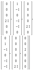 [Vector(6, {(1) = 0, (2) = 0, (3) = 0, (4) = 2*I, (5) = 0, (6) = 0}), Vector(6, {(1) = 1, (2) = -1, (3) = 0, (4) = -I, (5) = -I, (6) = 0}), Vector(6, {(1) = 0, (2) = 0, (3) = 0, (4) = 0, (5) = 2*I, (6) = 0}), Vector(6, {(1) = 0, (2) = 1, (3) = -1, (4) = 0, (5) = -I, (6) = -I}), Vector(6, {(1) = 0, (2) = 0, (3) = 0, (4) = 0, (5) = 0, (6) = 2*I}), Vector(6, {(1) = 0, (2) = 0, (3) = 2, (4) = 0, (5) = 0, (6) = 0})]