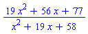 (19*x^2+56*x+77)/(x^2+19*x+58)