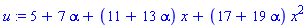 5+7*alpha+(11+13*alpha)*x+(17+19*alpha)*x^2