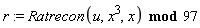 r := `mod`(Ratrecon(u, x^3, x), 97)