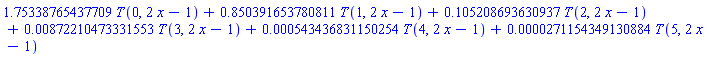1.75338765437709*T(0, 2*x-1)+.850391653780811*T(1, 2*x-1)+.105208693630937*T(2, 2*x-1)+0.872210473331553e-2*T(3, 2*x-1)+0.543436831150254e-3*T(4, 2*x-1)+0.271154349130884e-4*T(5, 2*x-1)