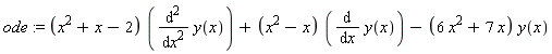 ode := (x^2+x-2)*(diff(y(x), x, x))+(x^2-x)*(diff(y(x), x))-(6*x^2+7*x)*y(x)