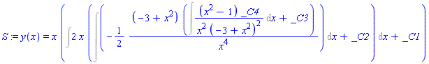 S := y(x) = x*(Int(2*x*(Int(-(1/2)*(-3+x^2)*(Int((x^2-1)*_C4/(x^2*(-3+x^2)^2), x)+_C3)/x^4, x)+_C2), x)+_C1)