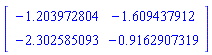 Matrix([[-1.203972804, -1.609437912], [-2.302585093, -.9162907319]])