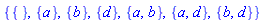 {{}, {a}, {b}, {d}, {a, b}, {a, d}, {b, d}}