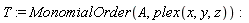 T := MonomialOrder(A, plex(x, y, z))