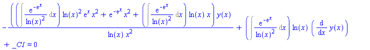 -((Int(exp(-exp(x))/ln(x)^2, x))*ln(x)^2*exp(x)*x^2+exp(-exp(x))*x^2+(Int(exp(-exp(x))/ln(x)^2, x))*ln(x)*x)*y(x)/(ln(x)*x^2)+(Int(exp(-exp(x))/ln(x)^2, x))*ln(x)*(diff(y(x), x))+_C1 = 0