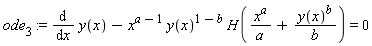 ode[3] := diff(y(x), x)-x^(a-1)*y(x)^(1-b)*H(x^a/a+y(x)^b/b) = 0