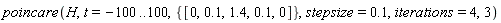poincare(H, t = -100 .. 100, {[0, .1, 1.4, .1, 0]}, stepsize = .1, iterations = 4, 3)