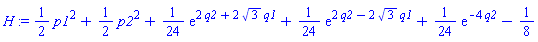 H := (1/2)*p1^2+(1/2)*p2^2+(1/24)*exp(2*q2+2*3^(1/2)*q1)+(1/24)*exp(2*q2-2*3^(1/2)*q1)+(1/24)*exp(-4*q2)-1/8