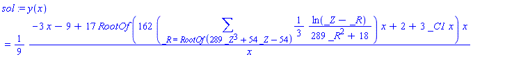 sol := y(x) = (1/9)*(-3*x-9+17*RootOf(162*(sum((1/3)*ln(_Z-_R)/(289*_R^2+18), _R = RootOf(289*_Z^3+54*_Z-54)))*x+2+3*_C1*x)*x)/x