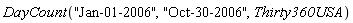DayCount("Jan-01-2006", "Oct-30-2006", Thirty360USA)
