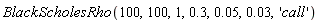 BlackScholesRho(100, 100, 1, .3, 0.5e-1, 0.3e-1, 'call')