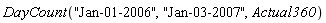 DayCount("Jan-01-2006", "Jan-03-2007", Actual360)