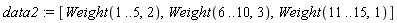 data2 := [Weight(1 .. 5, 2), Weight(6 .. 10, 3), Weight(11 .. 15, 1)]