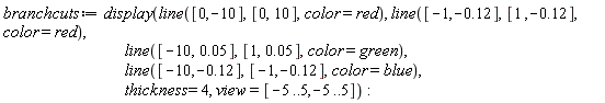 branchcuts := display(line([0, -10], [0, 10], color = red), line([-1, -.12], [1, -.12], color = red), line([-10, 0.5e-1], [1, 0.5e-1], color = green), line([-10, -.12], [-1, -.12], color = blue), thickness = 4, view = [-5 .. 5, -5 .. 5])