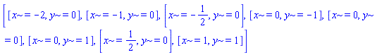 [[x = -2, y = 0], [x = -1, y = 0], [x = -1/2, y = 0], [x = 0, y = -1], [x = 0, y = 0], [x = 0, y = 1], [x = 1/2, y = 0], [x = 1, y = 1]]