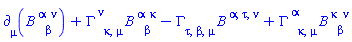Physics:-d_[mu](B[`~alpha`, beta, `~nu`](X), [X])+Physics:-Christoffel[`~nu`, kappa, mu]*B[`~alpha`, beta, `~kappa`](X)-Physics:-Christoffel[tau, beta, mu]*B[`~alpha`, `~tau`, `~nu`](X)+Physics:-Christoffel[`~alpha`, kappa, mu]*B[`~kappa`, beta, `~nu`](X)