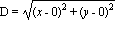 D = sqrt((x-0)^2+(y-0)^2)
