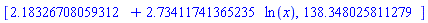 [HFloat(2.1832670805931205)+HFloat(2.7341174136523545)*ln(x), HFloat(138.34802581127948)]