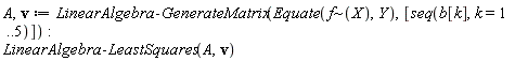 A, v := LinearAlgebra:-GenerateMatrix(Equate(`~`[f](X), Y), [seq(b[k], k = 1 .. 5)]); LinearAlgebra:-LeastSquares(A, v)